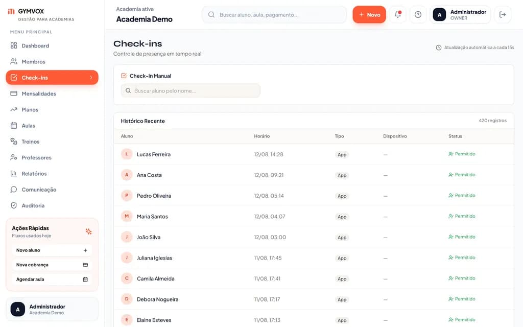 Tela de check-ins do GymVox com controle de presença em tempo real: busca de aluno, histórico recente e status de cada entrada.